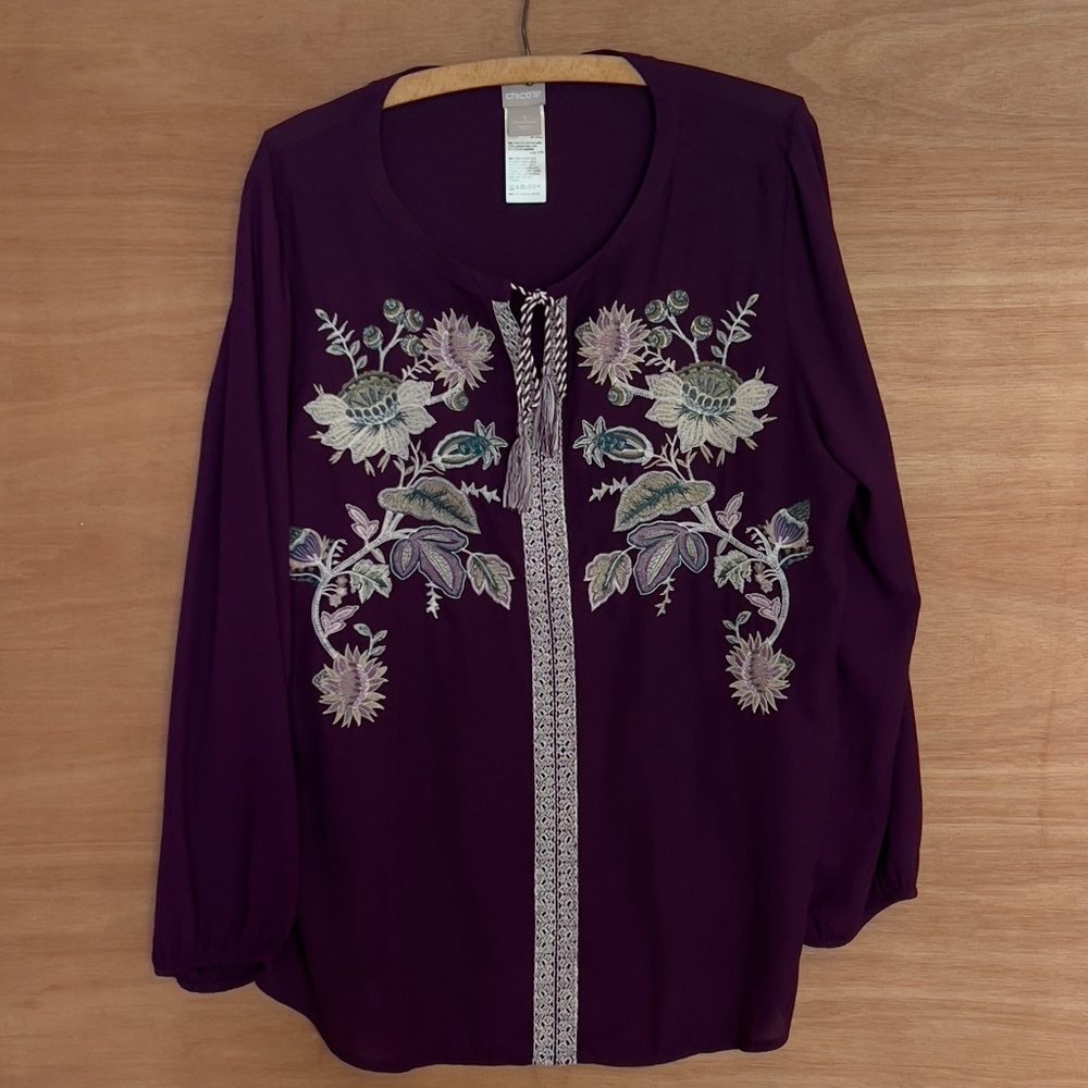 CHICO'S floral embroidered boho top size 3 semi sheer tassel tunic